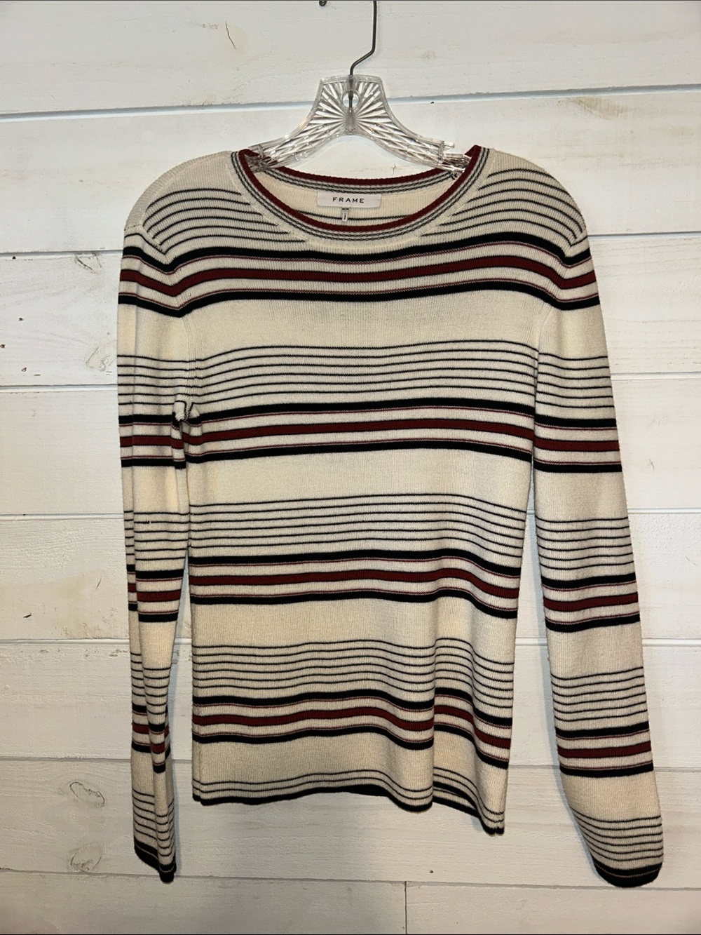 Frame Denim Cream Striped Crewneck Sweater with Black & Brown Stripes